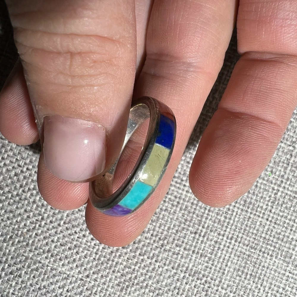 Vintage multi-color inlay Sterling silver ring